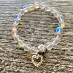 Moon quartz bracelet with silver pave heart charm.  One size